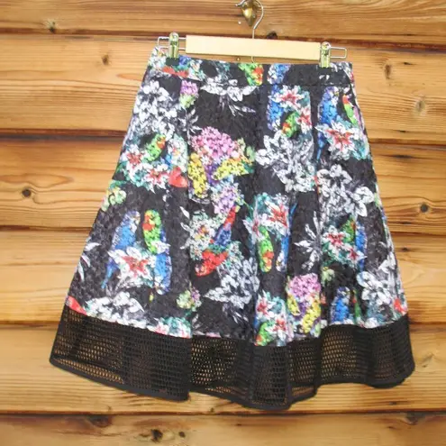 Gracia Black Parrot Bird Print Floral Full Skirt