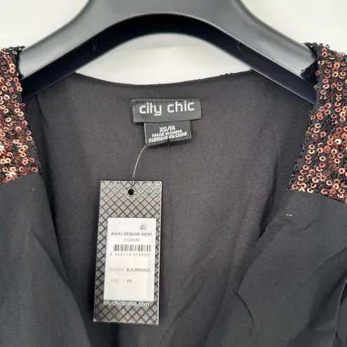City Chic Black Bronze Sequin Demi Maxi Dress size XS/14 Elbow Flutter Sleeves