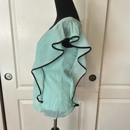 BCX MINT GREEN BLACK TRIM RUFFLE BLOUSE