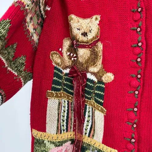 Vintage Tiara Red Cardigan Sweater 2000 Teddy Bear Fair Isle plus size 18/ 20