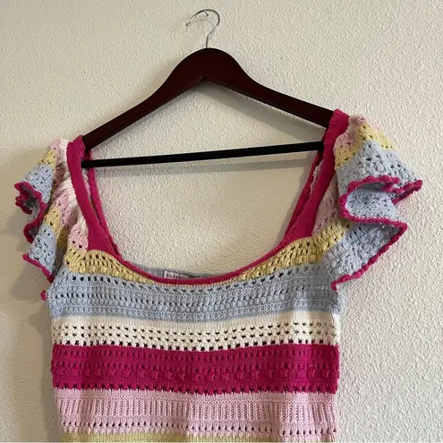 Sincerely Jules Boho Rainbow Stripe Crochet Flutter Sleeve Crop Top Size Small