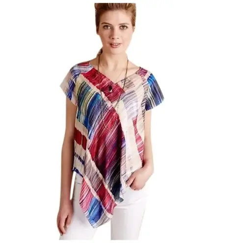 Anthropologie TRYB  Red White Blue Painted Plaid 100% Silk Tunic Blouse‎ Size S