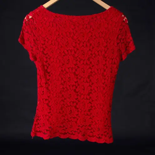 Emma James Short Sleeve Round Neck Scalloped Hem Overlay Lace Lined Red Blouse S