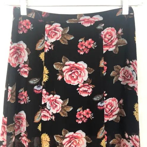 Dark Floral Maxi Skirt Chiffon Front Slits Romantic Coquette Dark Fairy Event Black