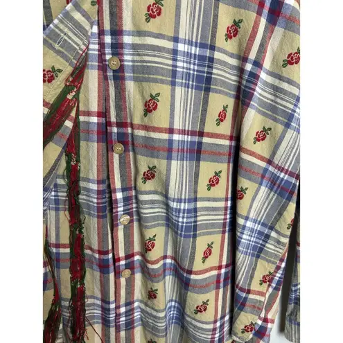 lemon grass Vintage Cottage Button Up Checkered Plaid Rose Print Size Large