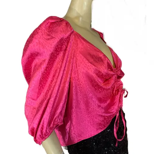 Vine & Love PINK SATIN LEOPARD PRINT PUFFED SLEEVE DRAWSTRING BLOUSE (3X)