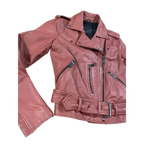 Bagatelle Women's Washed Leather Biker Moto Belted Jacket in Sunset size XS