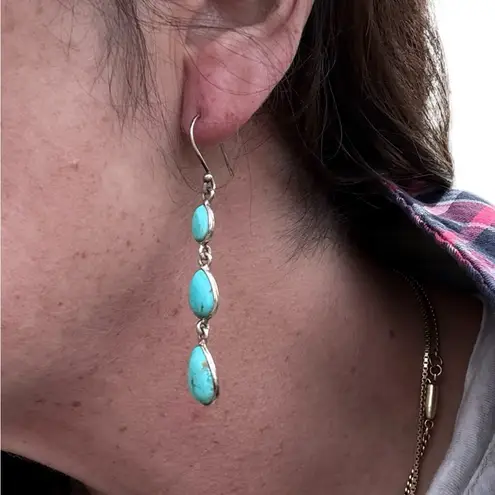 New Sterling Silver Turquoise Teardrop Cabochon Dangle Earrings Blue