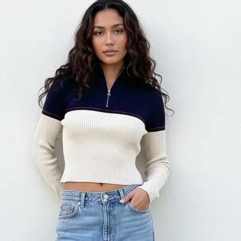 Vintage 90s Polo Ralph Lauren Ribbed Cropped Quarter Zip Colorblock Flag Sweater Blue Size XL