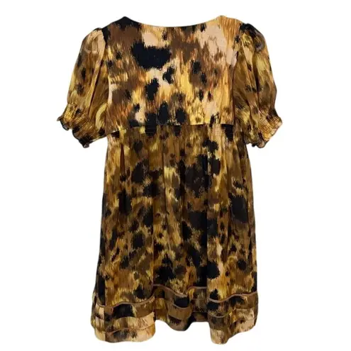 ECI Puff Sleeve Mini Dress Scoop Neck 3D Flower Embellished Brown Black Size 4