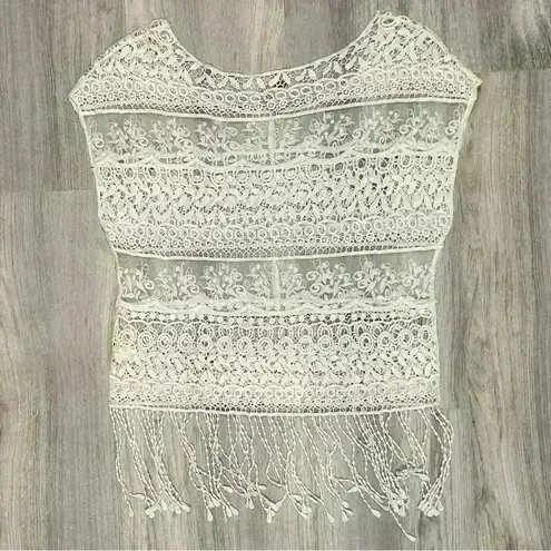 Blanc du Nil Sheer White Crochet Lace Sleeveless Top Swim Cover Up Fringe Size M Size M