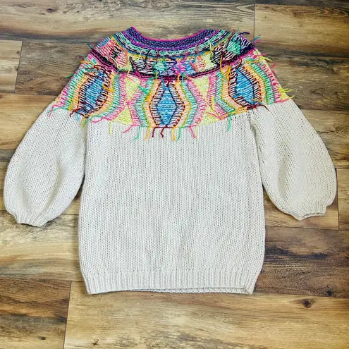 Mes Demoiselles Oversized Sweater Dress Alpaca Wool Jumper Colorful Fringe Art Pink Size L