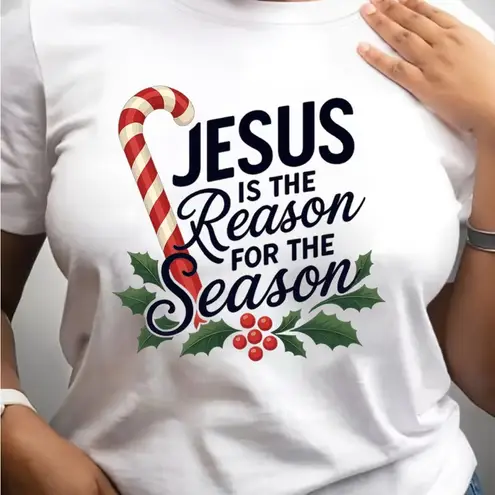 Women’s White Graphic Tee with Candy Cane Design Size L