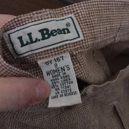 L.L.Bean  8 Vintage Linen Cotton High Waisted Pleated Brown Houndstooth Shorts