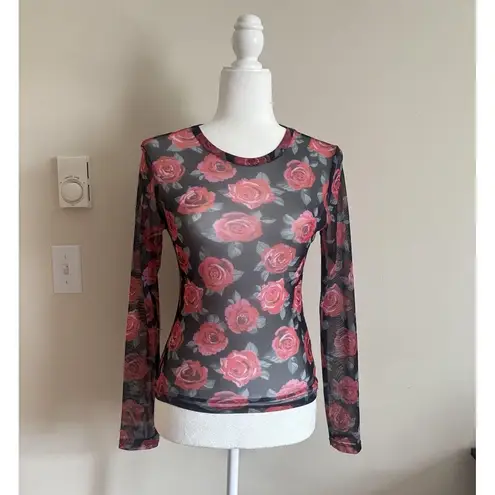 H M Divided Top Sheer Stretch Black Red Rose Punk Goth Y2K Small Whimsical