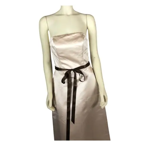 Bill Levkoff NWT Tan Satin Brown Belt Strapless Formal Bridesmaid Dress size 10