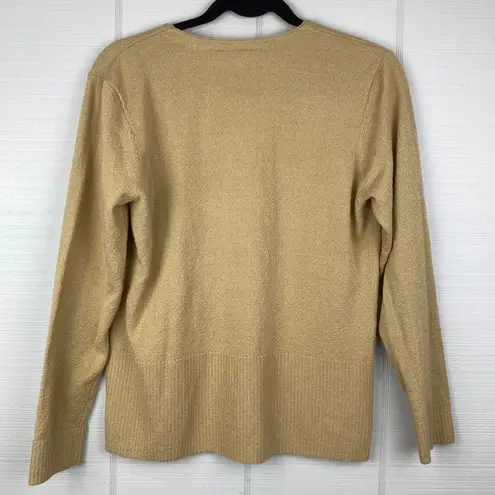 Villager Liz Claiborne Tan V-neck Knit Cardigan Pink Floral Embroidery L Petite