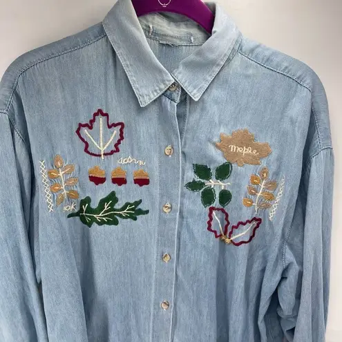 Vintage Blue Women's Button Up Shirt Embroidered Maple Acorn Oak Oversized  XL