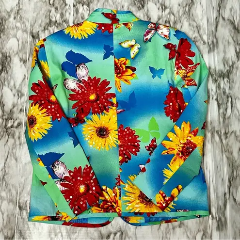 Bold Vibrant Floral Zip Blazer Jacket Redd Jeans Sz 12 Sequin Sparkle Bloomcore Blue