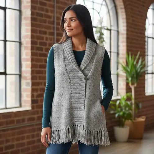 Charter Club Petite Gray Knit Fringe Vest Shawl Collar Button Front P/S