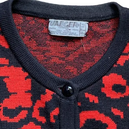 Vintage Jaeger London Cardigan Sweater Bright Red Abstract Pattern Crewneck Black