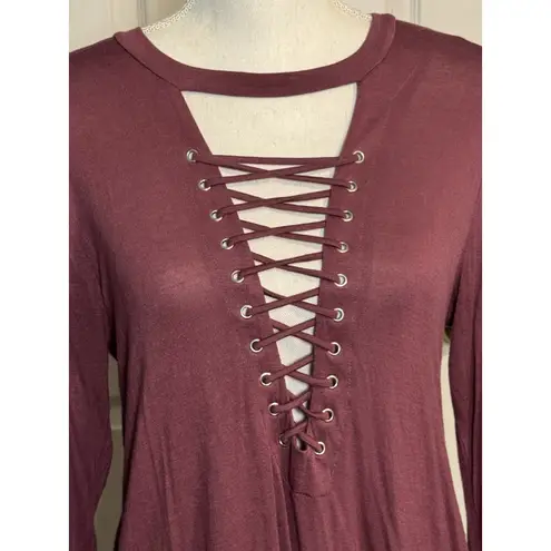 Active USA Plum Colored Long Sleeve Tee, Cross Front, Rayon/Spandex, L Purple Size L