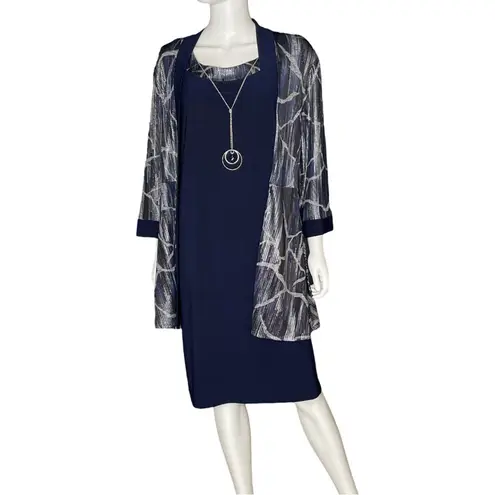 R & M Richards Women’s Printed Jacket Two Piece Dress Navy Plus Size 16