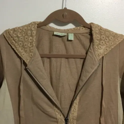 LOGO By Lori Goldstein LOGO Lounge Zip Front Hoodie Lace Trim Beige Cream Size XXS