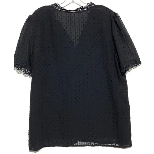 Black V Neck Blouse Top XL Whimsigoth Witchy Crochet Swiss Dot Y2K Fairy Grunge