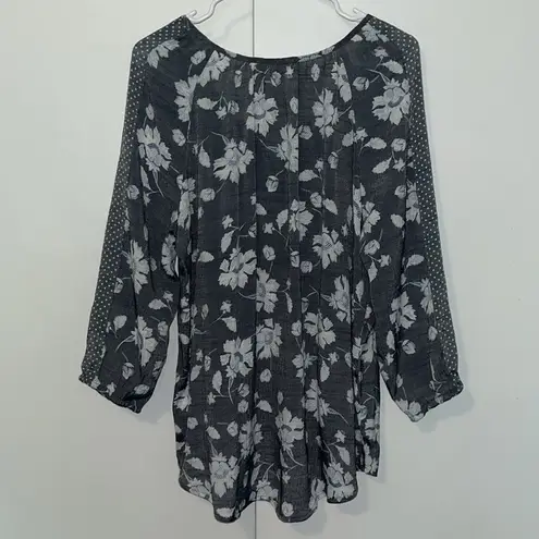 Fred David  Peasant Style Boho Blouse Top Gray Floral Women’s Size L Large