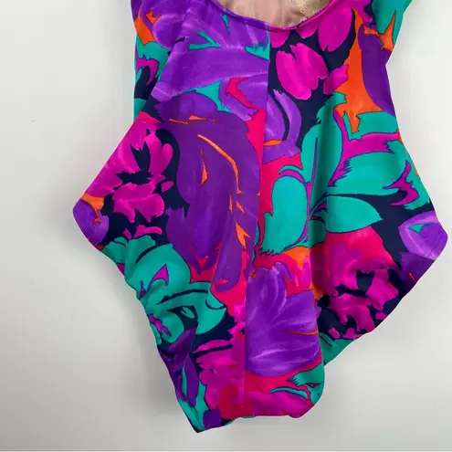 Vtg Y2K Abstract Swim One Piece Sz 16 High Cut Neon Floral Print Ruched Pink