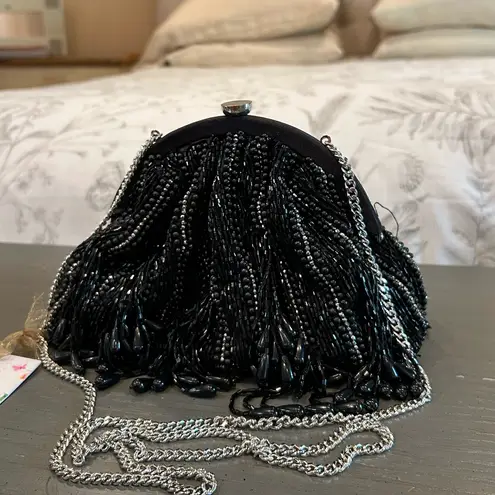 NWT Elegant Black Beaded Fringe Evening Clutch Crossbody Bag