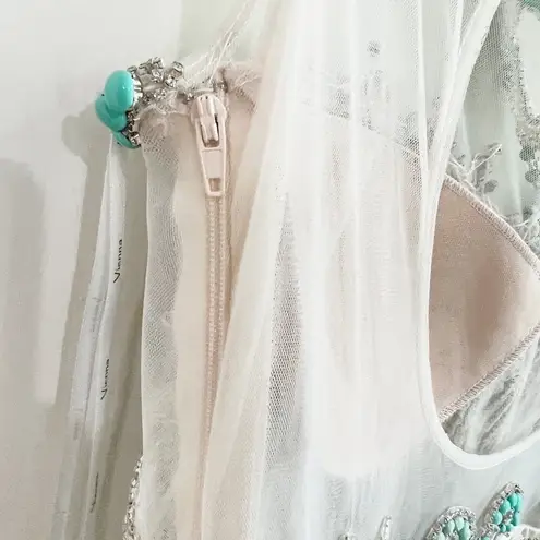 Vienna Prom Beaded Embellished Sheer Neckline Ivory Gown Formal Evening Dress