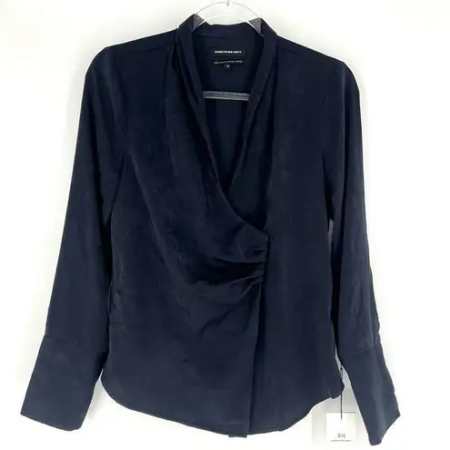 Something Navy Long Sleeve Wrap Front V-Neck Blouse Night Navy XS NWT
