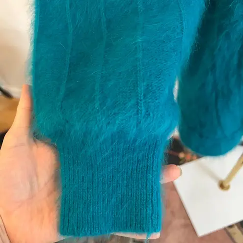 Vintage Teal Angora Blend Oversized Cardigan Open Front Knit Sweater Coat XL Blue