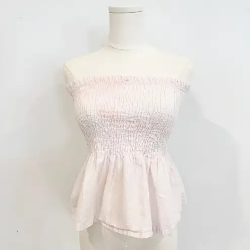 La Comet Cotton Linen Smocked Peplum Tube Top Pink White Girly Cottage Large