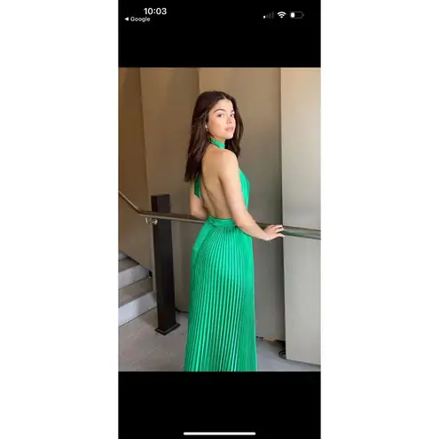 L’IDEE Bright Green Renaissance Mock Neck Pleated Satin Midi Dress Size 12