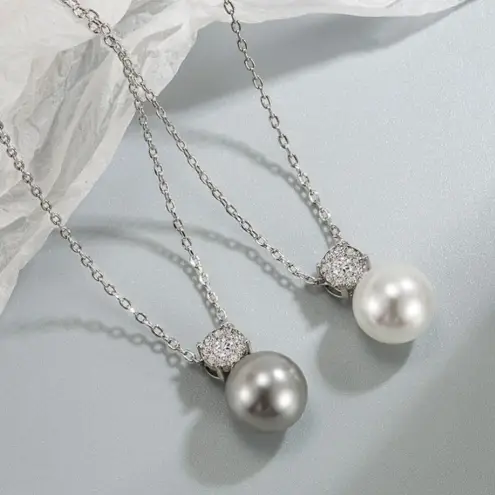 Boutique NEW Pearl Pave Simulated Diamond Necklace White Gold 925 Silver 16-18"‎
