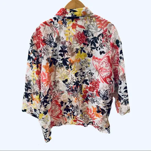 Alfred Dunner Retro Linen floral Blouse Butterfly Button Down Shirt Multicolored 2”