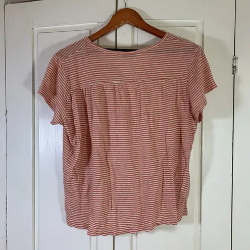 Orvis Linen Shirt Womens Medium V-Neck Orange Stripes Outdoorsy Summer READ
