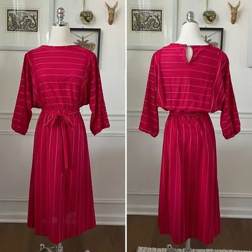 Vintage 80s Blouson Style Red Dress Mixed Direction Stripe S Red