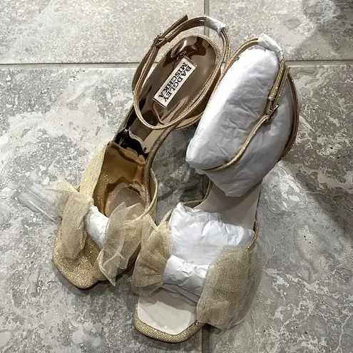 Badgley Mischka Tess Tulle Bow Block Heel Sandals in Gold Size 11 New in Box