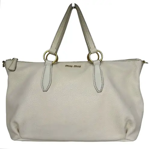 Miu Miu Pebbled Leather Crossbody Shoulder Hand Bag Satchel East West Off White