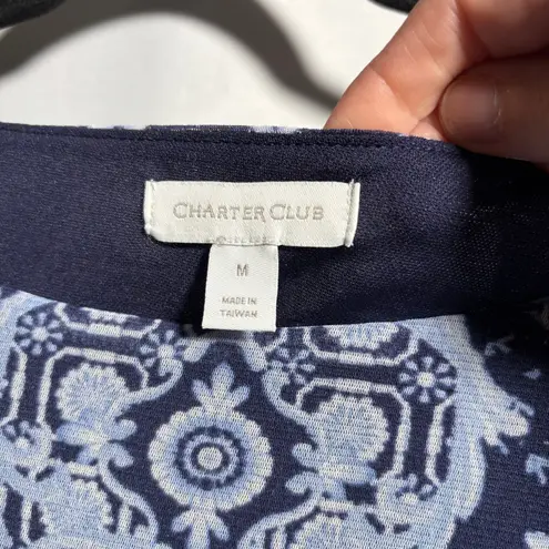 Charter Club Navy Blue Mesh Semi Sheer Psychedelic Floral Top Boho Retro Y2K Boat Neck M