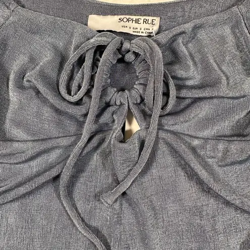 Sophie Rue Off Shoulder Crop Top Size Small Blue Slinky Front Tie Puff Sleeves - Image 4