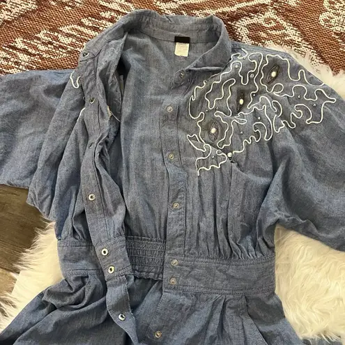Vintage Chambray Squiggle Embellished Coverall Jumpsuit Blue Size 12
