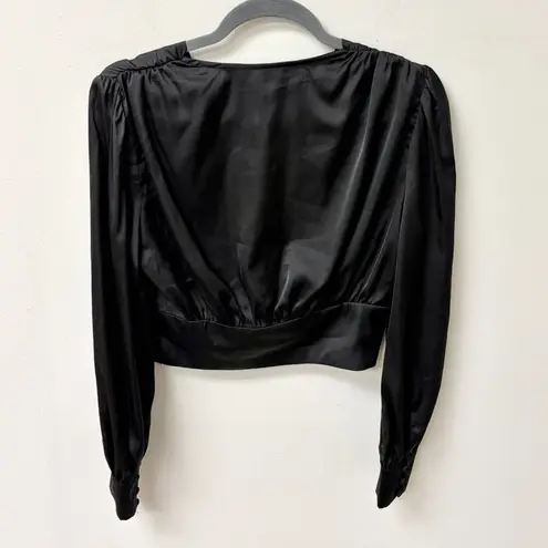 Etophe studios Tropical Satin Long Sleeve V-Neck Blouse Black Women's Size M