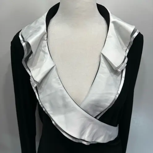 White House | Black Market  Black Wrap Blouse White Satin & Lace Collar & Cuffs M