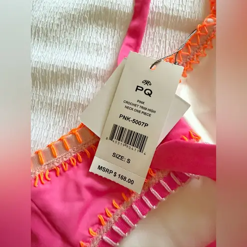 NWT PQ Swim Crochet Trim High Neck One Piece Pink Orange White Size Small