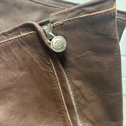 Pollini Brown Leather Motorcycle Boots Square Toe Buckle Side Zip EU38 US 7.5